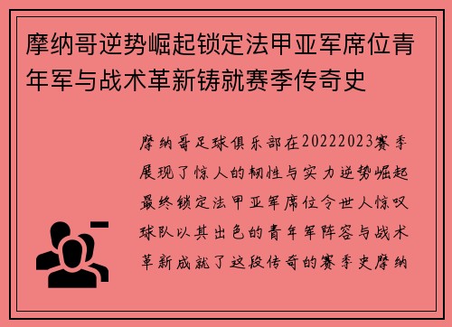 摩纳哥逆势崛起锁定法甲亚军席位青年军与战术革新铸就赛季传奇史 摩纳哥逆势崛起锁定法甲亚军席位青年军与战术革新铸就赛季传奇史