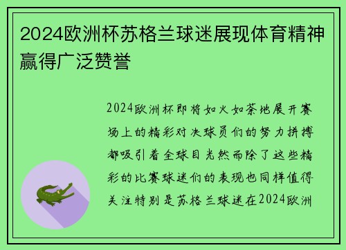 2024欧洲杯苏格兰球迷展现体育精神赢得广泛赞誉