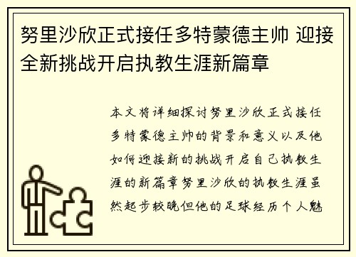 努里沙欣正式接任多特蒙德主帅 迎接全新挑战开启执教生涯新篇章